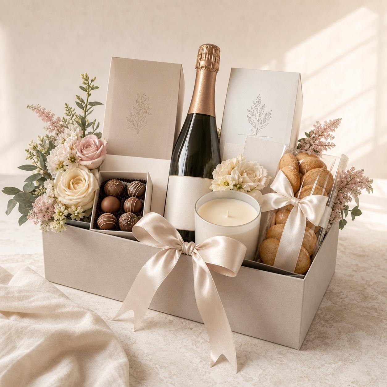 Elegant corporate gift with champagne, artisan treats, and flowers